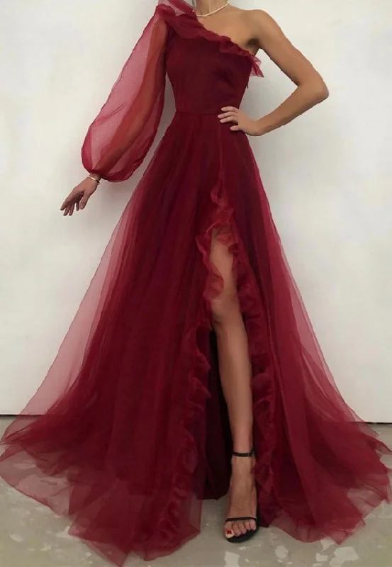 Savings Event Burgundy tulle prom dress one shoulder evening dress,DS4408