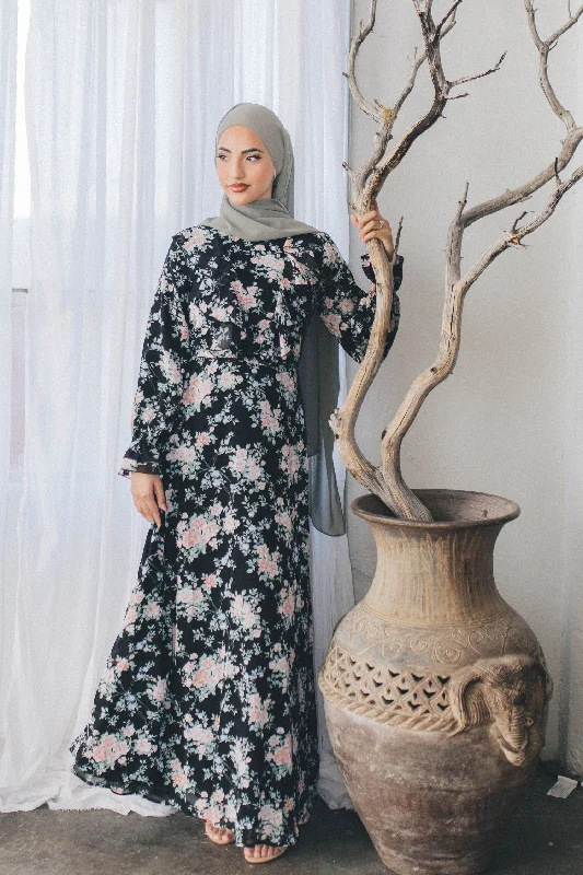 Best Bargains Kayan Floral Chiffon Dress- Black
