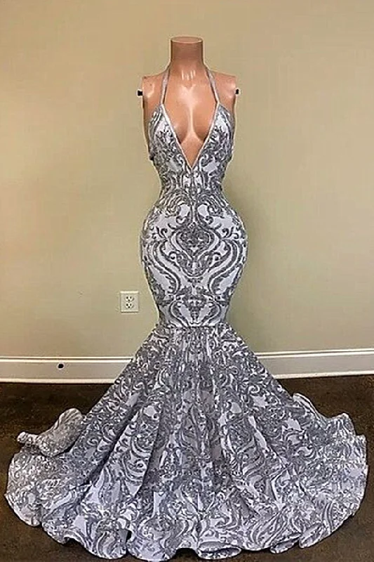 Best Deals Gorgeous Silver Spaghetti Straps V-neck Appliques Lace Mermaid Prom Dresses,F04834