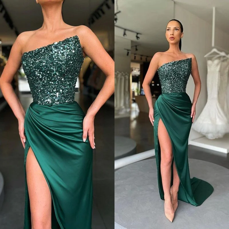 Price Cut Sequins Elegenat Long Dark Green Prom Dress With Slit,DS3255