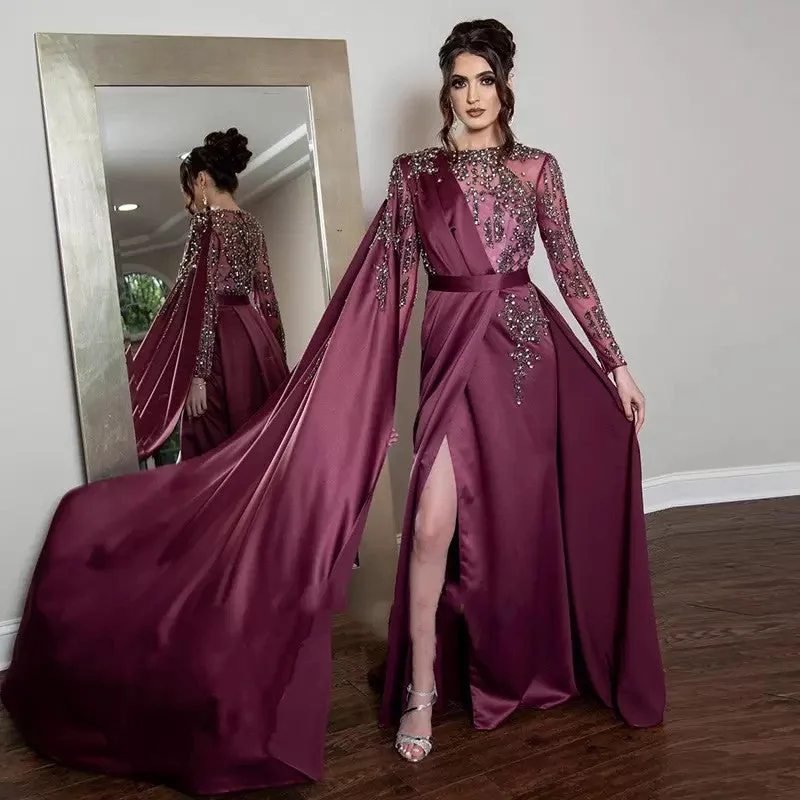 Big Discounts Women Wear Special Banquet Party O-Neck Long Sleeves Evening Dresses with Flutters Handmade Beaded Side Split Prom Gowns,LW037