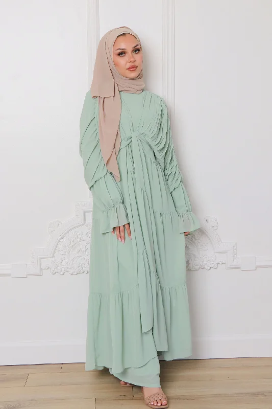 Early Bird Discount Saleema Chiffon Open Abaya - Light Sage