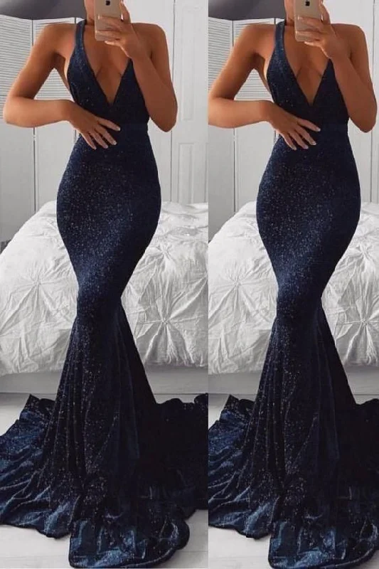 vintage dressnavy blue halter mermaid sequin ruffles evening gown dress,DS4582