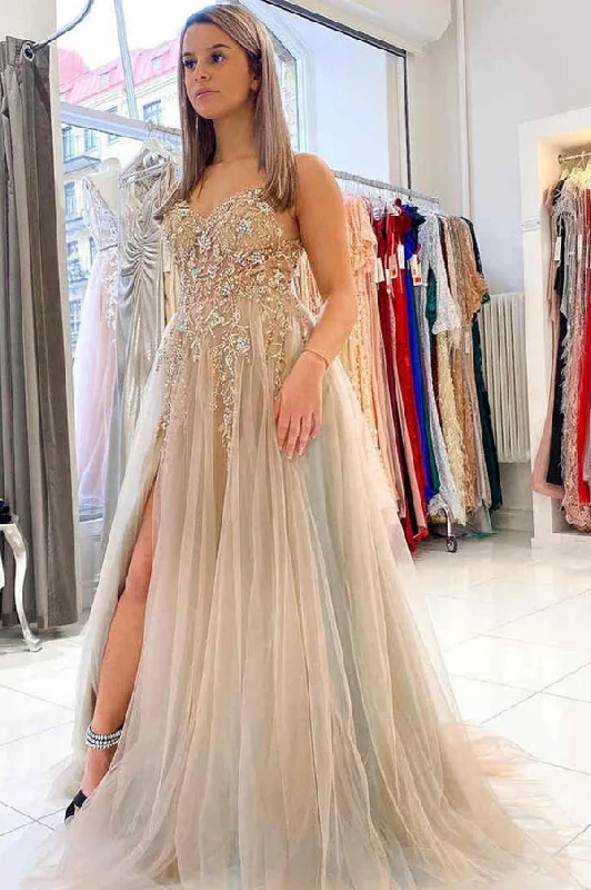 Act Now A Line V Neck Tulle Beaded Backless Long Prom Dresses With High Slit ,DS4559 Act Now A Line V Neck Tulle Beaded Backless Long Prom Dresses With High Slit ,DS4559