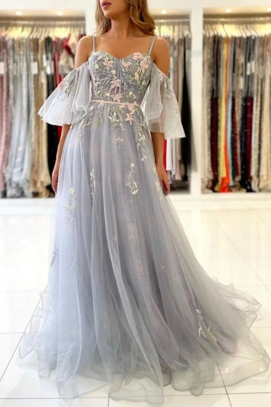Bargain Prices Charming Off Shoulder Tulle Evening Gown Floral Party Dress,DS4627