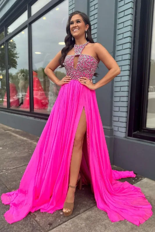 elegant evening dressCute A-Line Hot Pink Chiffon Long Prom Dresses With Beading,DP0189