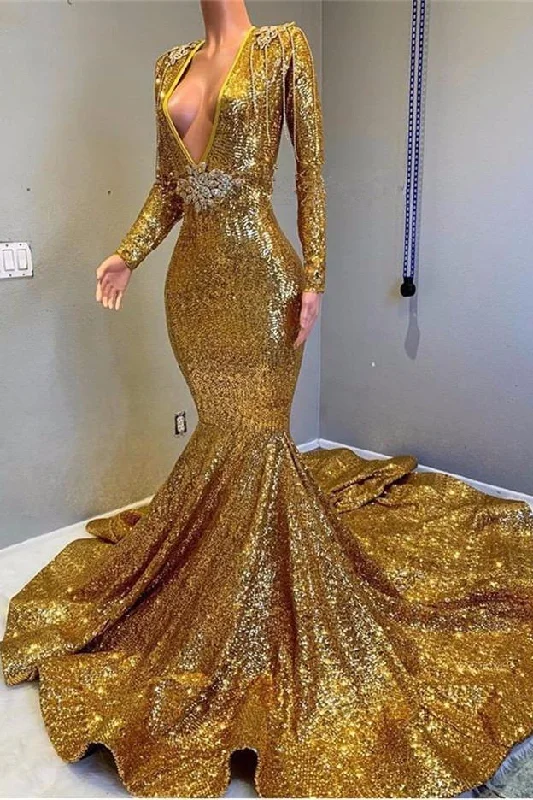 Crazy Savings SEXY LONG SLEEVES GOLD MERMAID PROM DRESS SEQUINS V-NECK BACKLESS LONG,DS3610