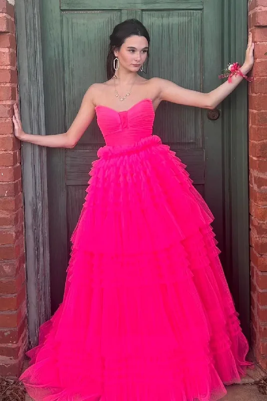 trendy bodycon dressFuchsia Strapless Pleated Ruffle-Layers Long Prom Dress,DP015