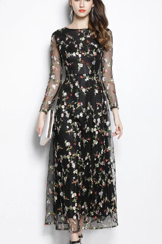Massive Deals LONG SLEEVE EMBROIDERY ORGANZA LONG DRESS