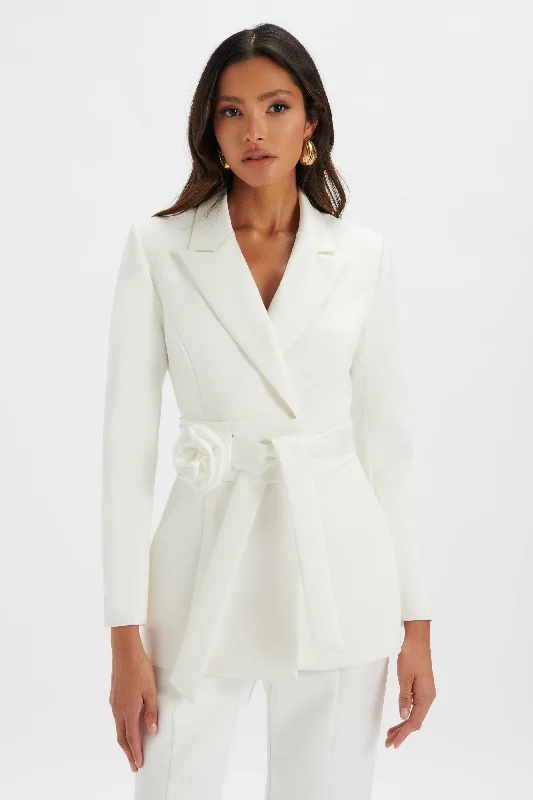 ruffle dressJASMIN Obi Belt Satin Blazer with Flower Detail in White