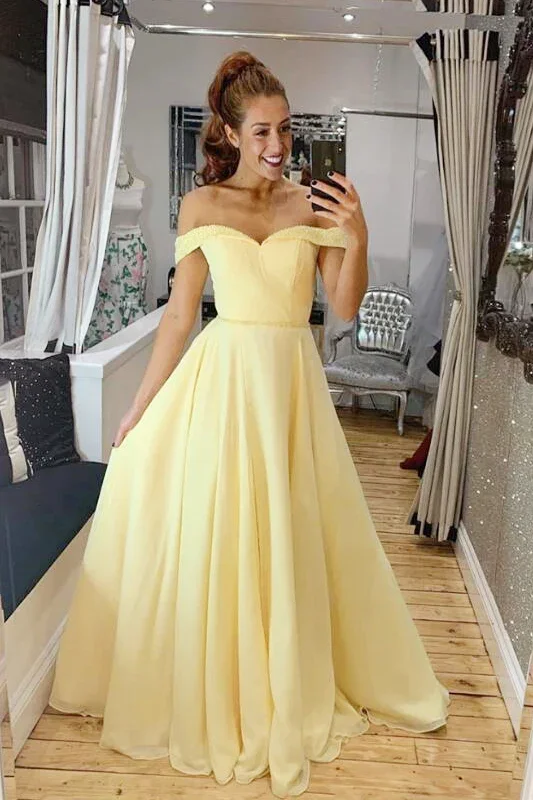 summer floral dressElegant Off Shoulder A-Line Yellow Long Prom Dress,DP038