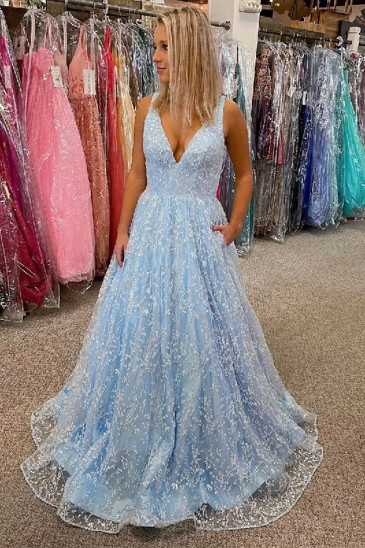 trendy wrap dressPrincess Light Blue Lace V-Neck Backless A-Line Prom Gown,WD5763