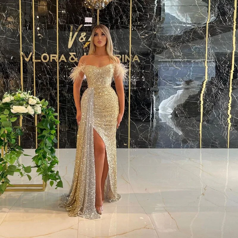 Discount Deals Sparkling Sequins Side Split Long Evening Party Bride Gowns with Feathers Off Shoulder Prom Dresses Zipper Back Robe De Marrige,LW030