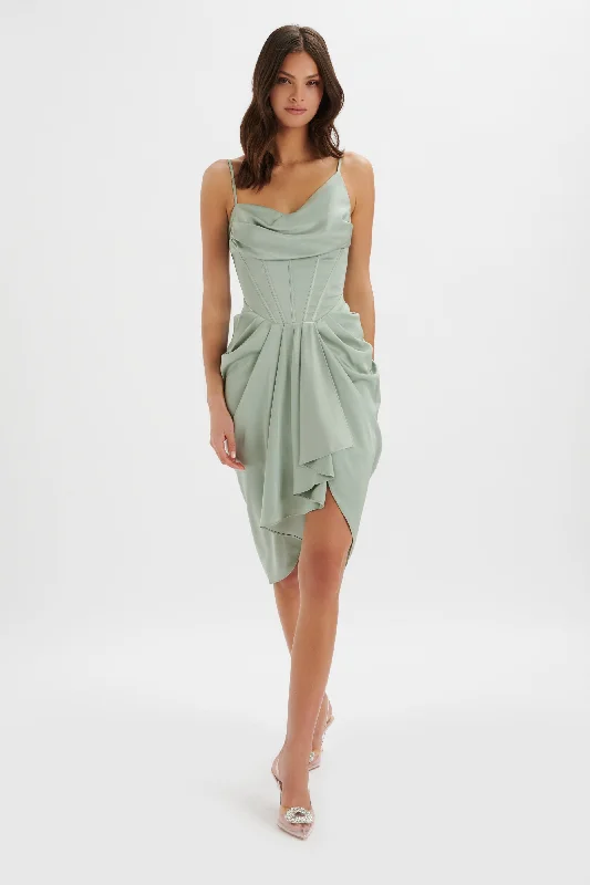 v-neck dressSELAH Asymmetric Cowl Neck Draped Midi Dress In Sage