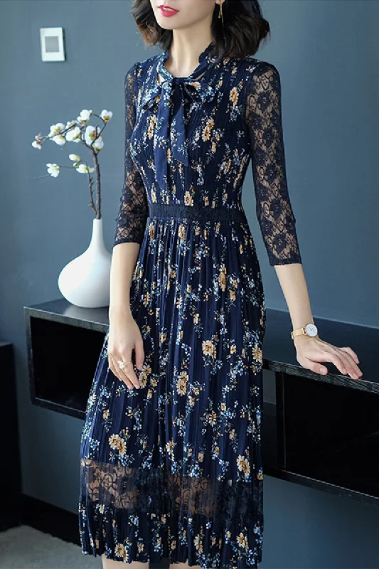 Act Now TWO PEARS-Long Sleeve Tie Neck Wrinkle Dress