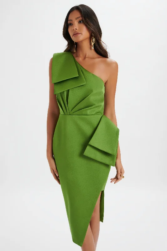 oversized dressBLOOM One Shoulder Bow Detail Satin Midi Dress in Green