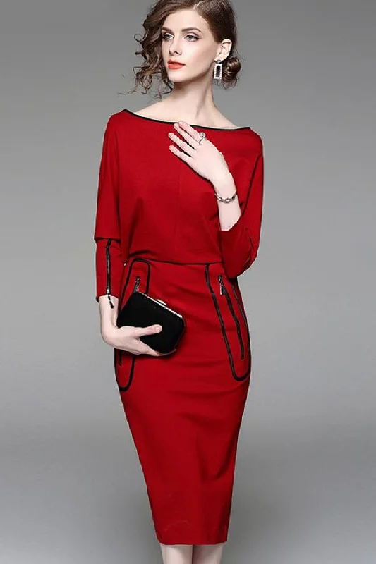 Closeout Sale BATWING SLEEVE ZIPPER EMBELLISHED CONTRACT WAIST SHEATH DRESS- S in Clearance