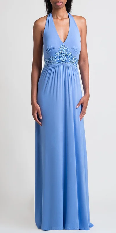 Super Sale Soutache Embroidery Halter Maxi Dress - Lt. Indigo