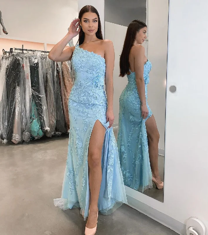 Must-Have Deals Blue One Shoulder Tight Long Prom Dress,DS3137