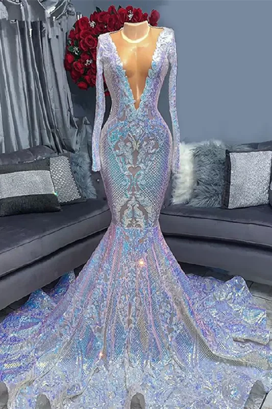 Unbeatable Prices Gorgeous Long Sleeves Sequins Mermaid Prom Dress V-Neck,F04839