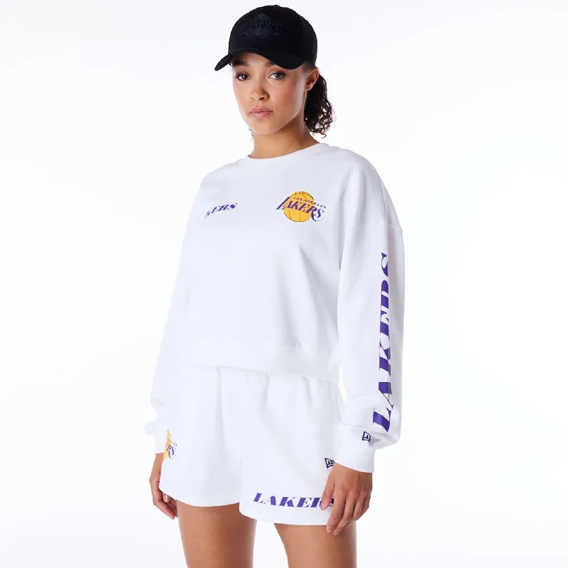Shop and Save LA Lakers Womens NBA Wordmark White Crop Crew Neck Sweatshirt