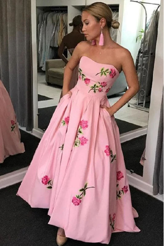 Best Seller A-Line Sweetheart Strapless Pink Long Prom Dress With Embroidery Pockets,DS4581