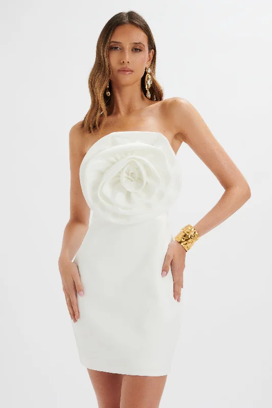 draped dressBRYANNA 3D Flower Bandeau Satin Mini Dress in White