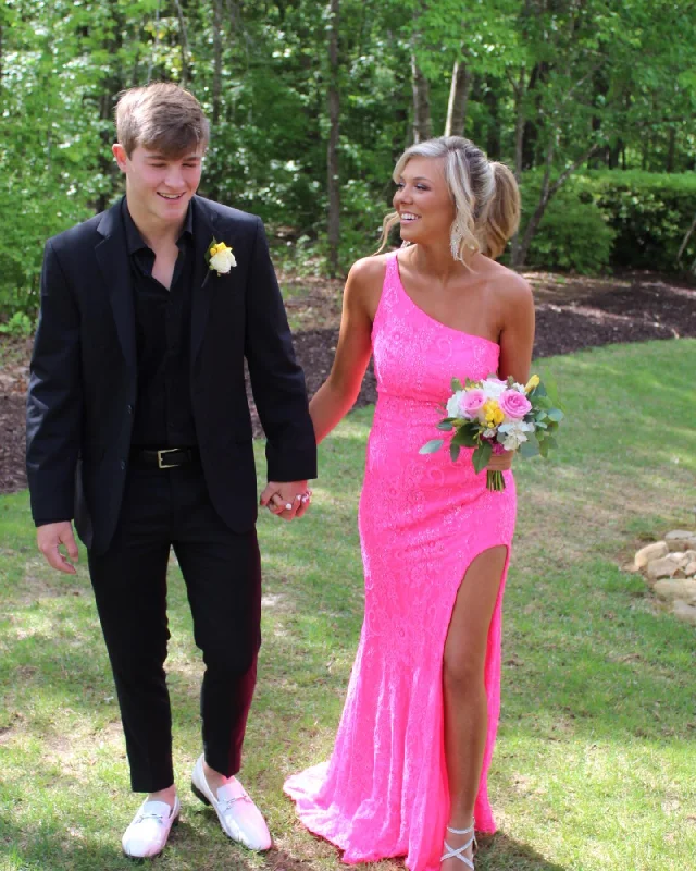 Limited Time Discount Gorgeous One Shoulder Hot Pink Lace Long Prom Dress,DS3091