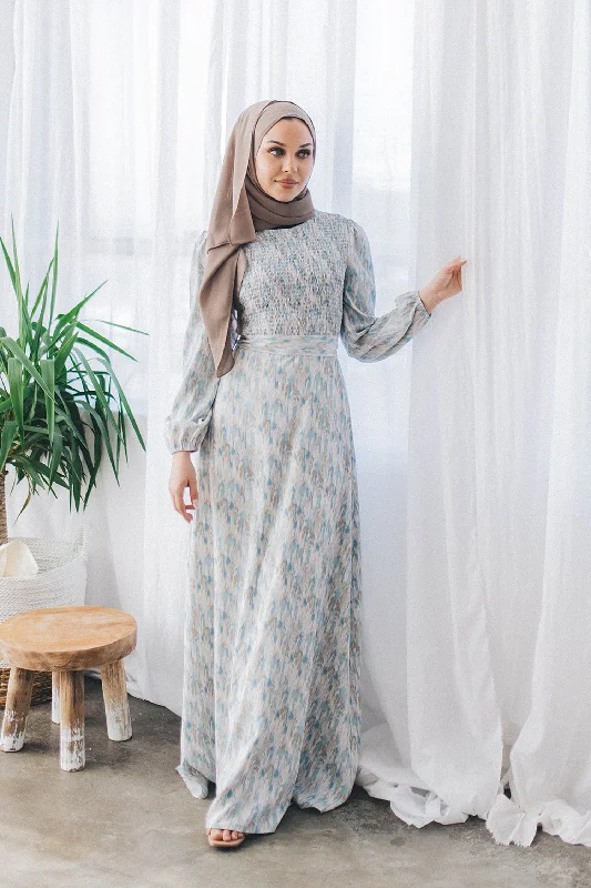 Year-End Sale Raven Floral Shirred Dress- Tan