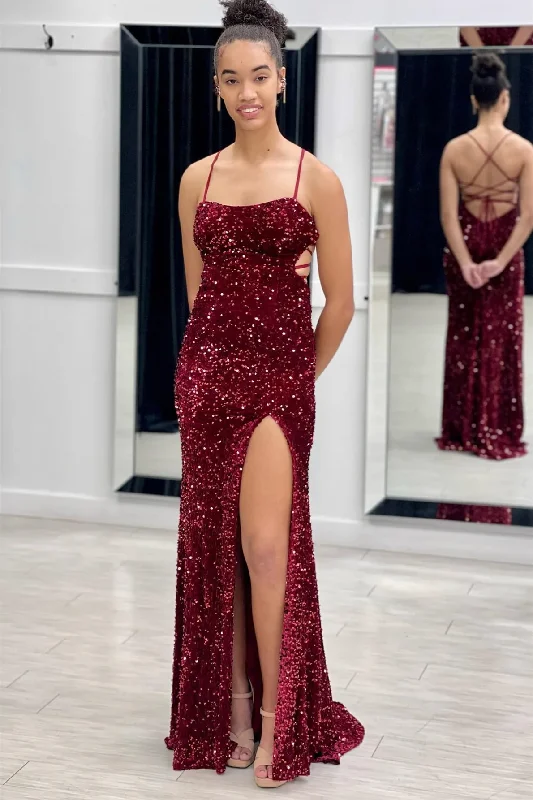 stylish party dressBurgundy Mermaid Lace-Up Back Sequins Long Prom Dress with Slit,DP034