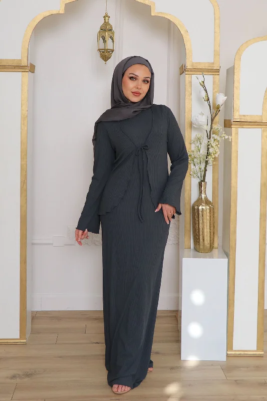 Midnight Madness Lina Ribbed Maxi Set- Gray