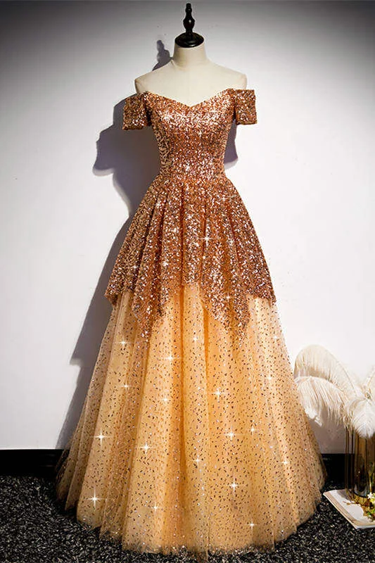 Unbeatable Prices Off the Shoulder Gold Long Prom Dress,DS3489