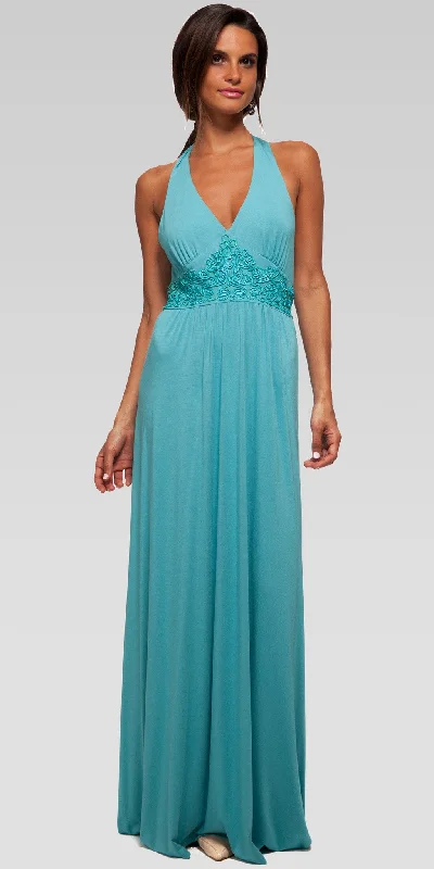 Clearance Sale Soutache Embroidery Halter Maxi Dress - Aqua