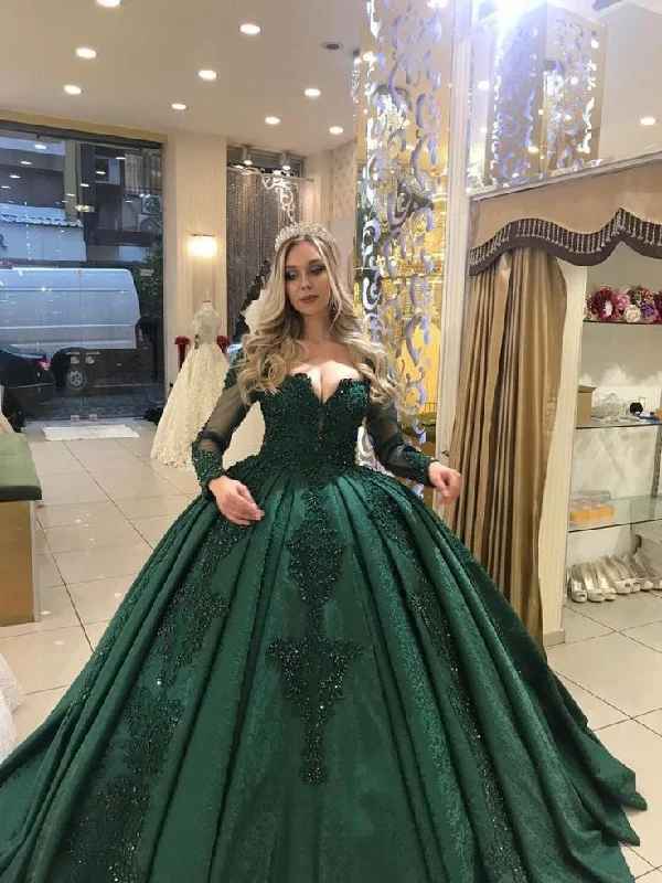 Extra Savings Green Long Sleeves Prom Dresses with Appliques Quinceanera Gowns,DS4348