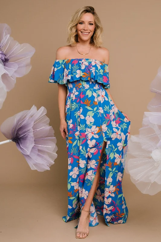 Blowout Deals Talia Off Shoulder Maxi Dress | Blue Floral