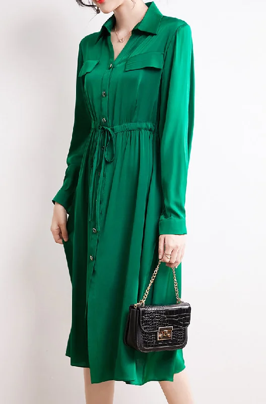 Must-Have Deals Casual Midi Long Sleeves V-Neck Silk Dress