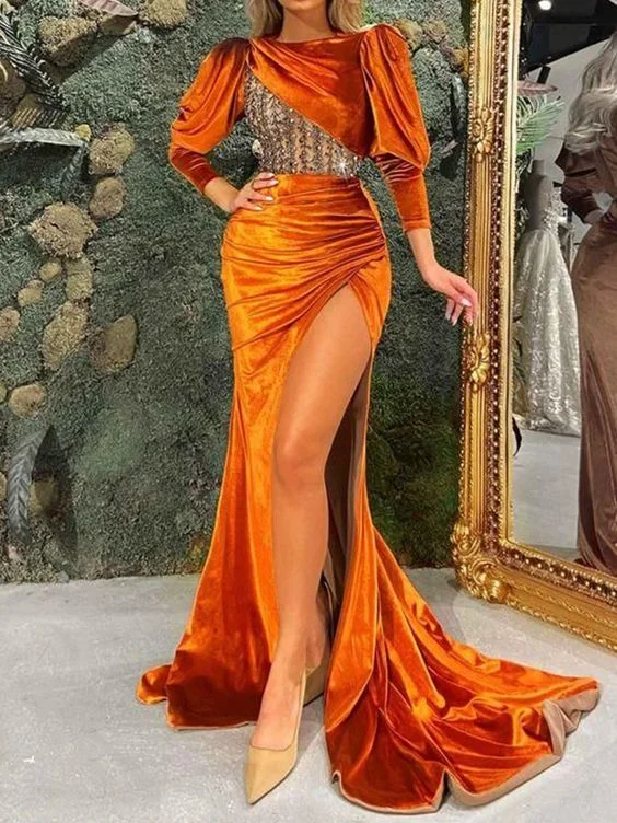 floral wrap dressBeaded Decorate Puff Sleeve Empire Split-Side Shiny Orange Evening Maxi Dress,DS4762