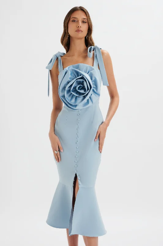 wrap dressAUGUST Flower Detail Tie Strap Micro Button Midi Dress in Cornflower Blue