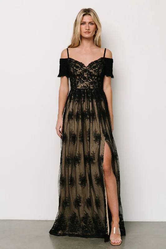 floral midi dressEsperanza Tulle Embroidered Maxi Dress | Black + Nude