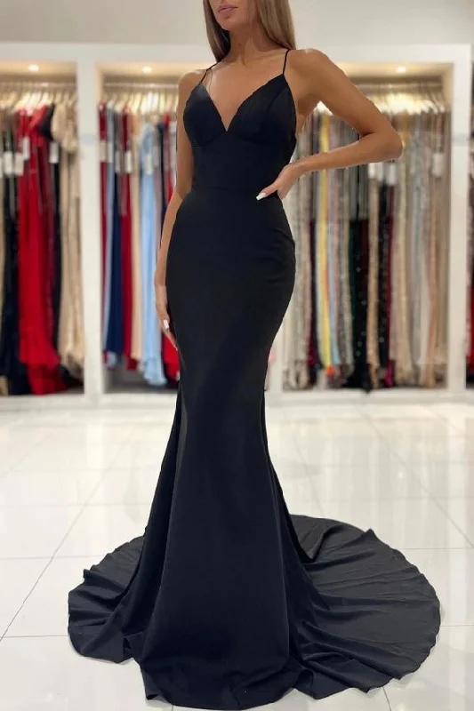 trendy mini dressBlack V-Neck Spaghetti-Straps Prom Dress Mermaid Sleeveless,DS5029