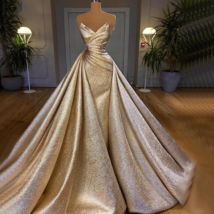 Online Exclusive Champagne Mermaid Sleeveless Off Shoulder Formal Dress,DS4366