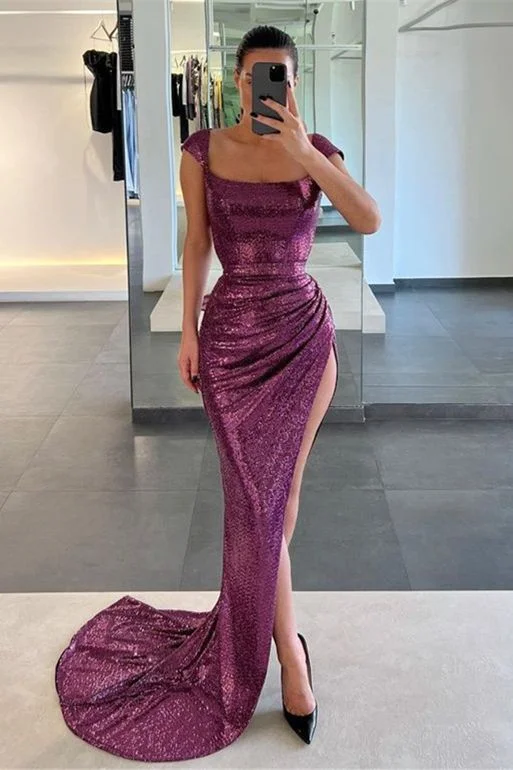 ruffle dressGrape Cap Sleeves Mermaid Prom Dress Square Sequins With Slit,DP077