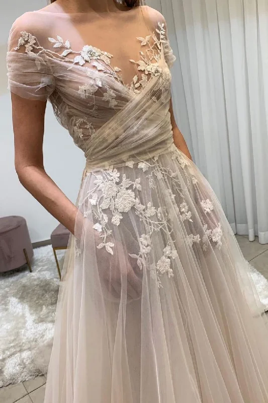 Season Finale Sale Light champagne tulle lace long prom dress, lace evening dress,DS4586