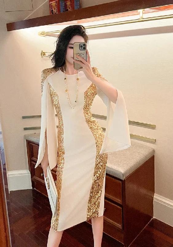 Early Access Gold Sequins Elegant White Evening Birthday Prom Midi Dress