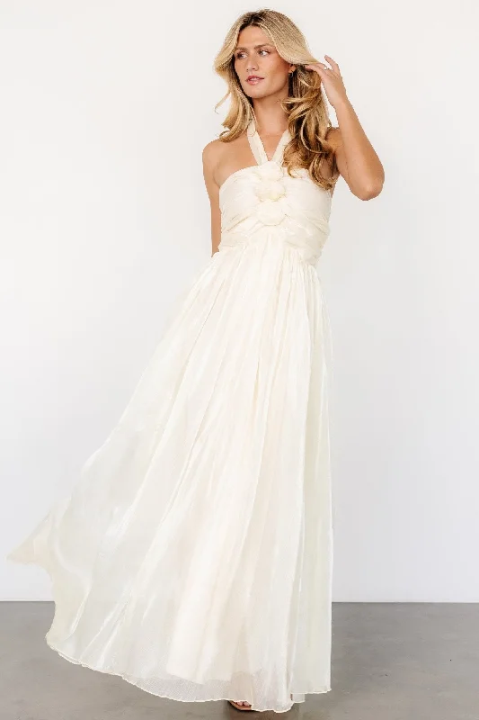 stylish party dressFrederica Halter Maxi Dress | Cream Shimmer