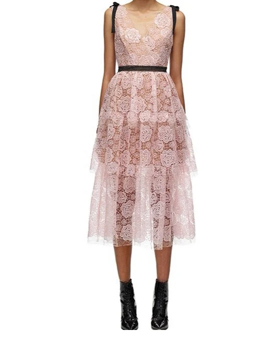 Flash Deals Elegant Floral print Sequin  Lace  Midi  Dress