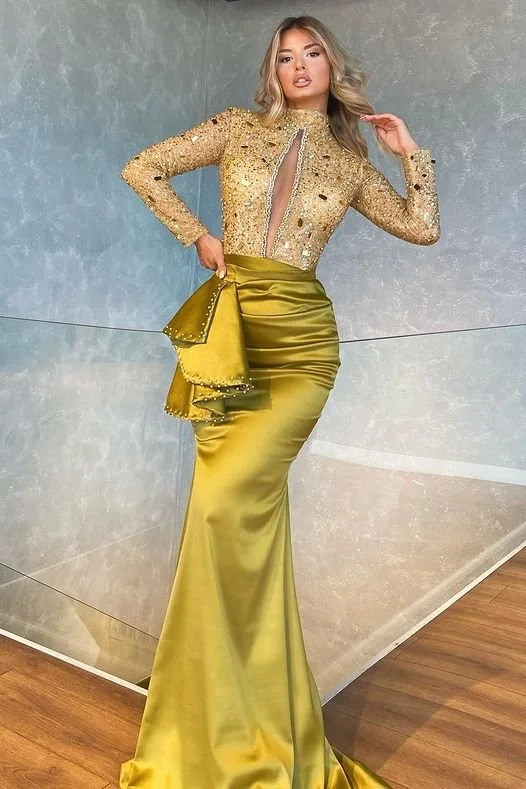 Hurry In Amazing Long Sleeves High Neck Keyhole Prom Dresss Mermaid With Beads,F04844