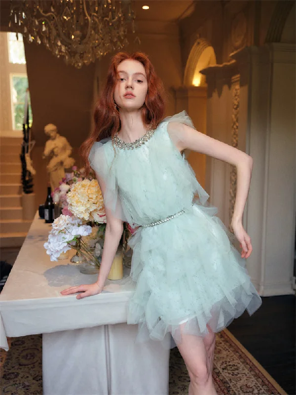 Closeout Ruffle Mesh Patchwork Round Neck Short Sleeved Dress