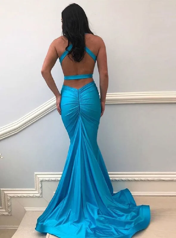 wrap-around dressBackless Pleats Blue Mermaid V-neck Elastic Satin Prom Dress,DP0184