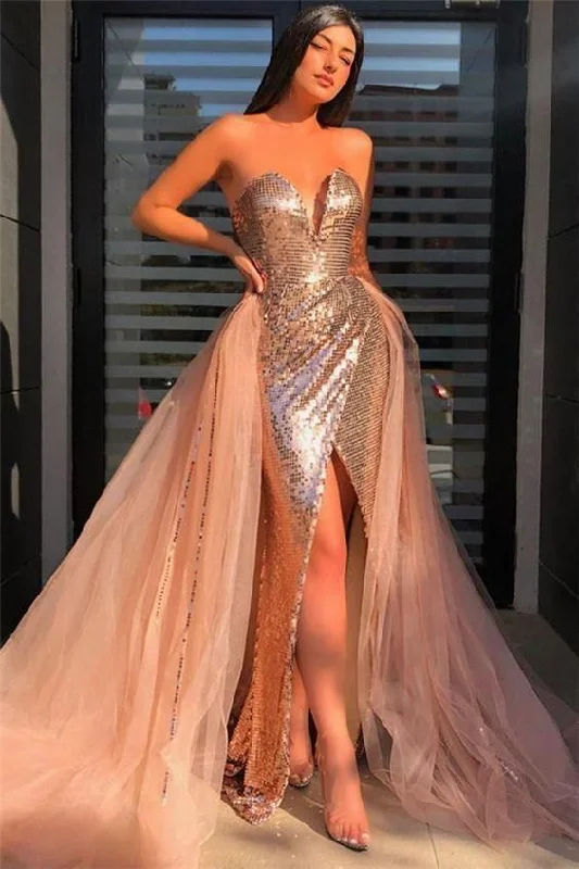 Today's Special Sequined Strapless V-neck Front Slit Prom Dresses with Detachable Train, Sequins Prom Dresses,DS4316